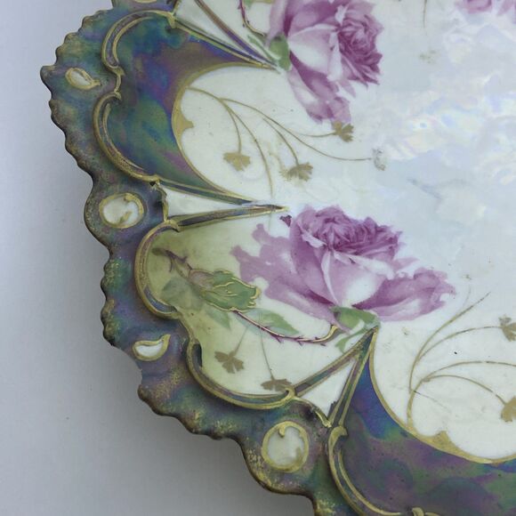 Vintage Hand-Painted Floral Porcelain Plate Pink Roses Scalloped Edge Iridescent - Picture 7 of 13